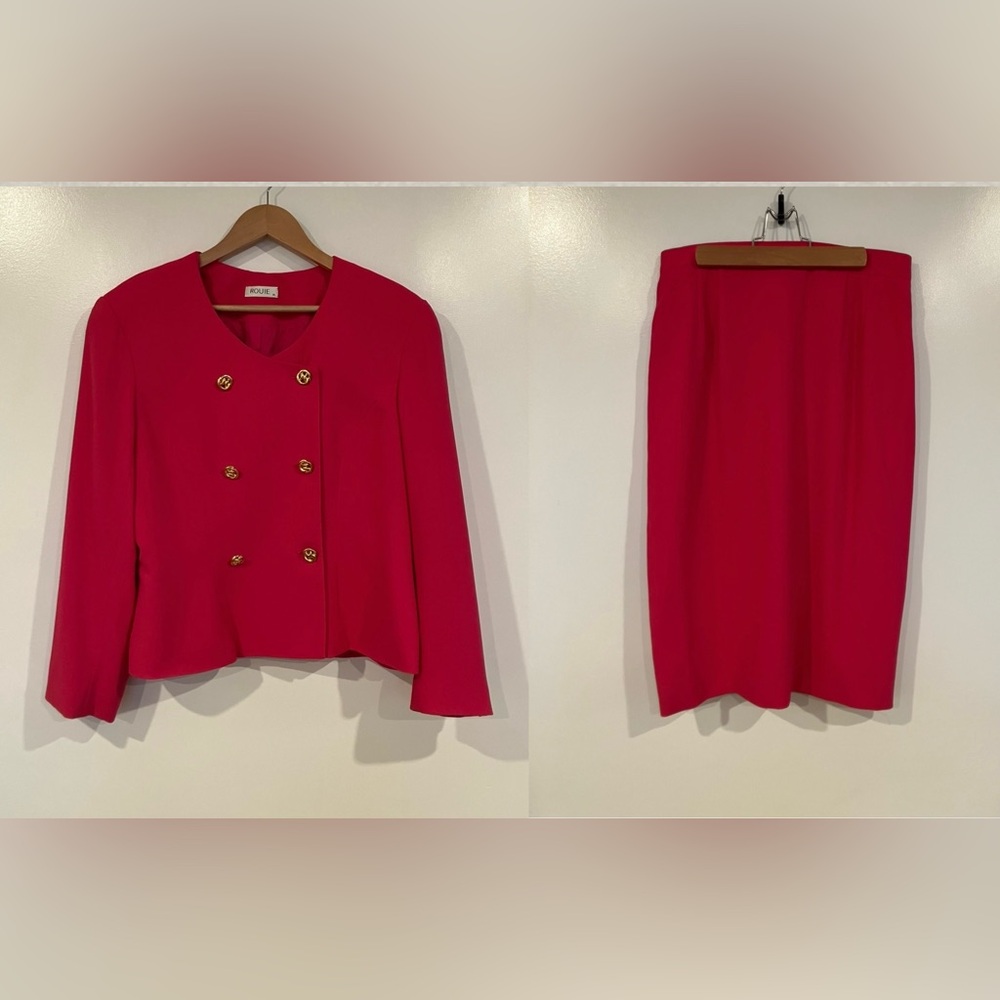 2 Piece Vintage Hot Pink Skirt Suit, Gold Buttons, Barbiecore, Made in Canada